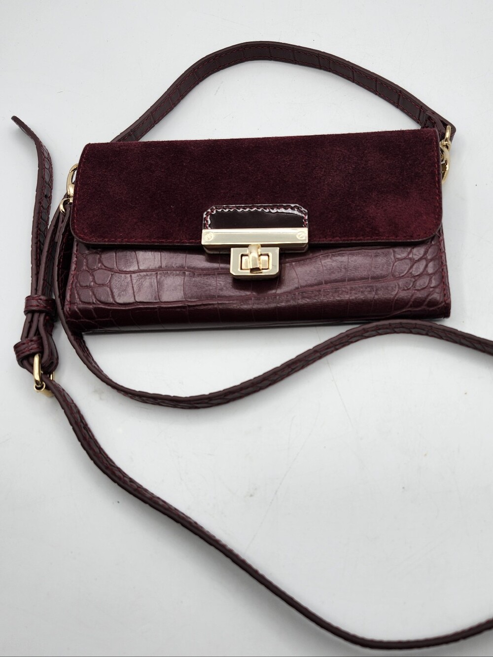 White House Black Market Burgundy Croc-Embossed & Suede Convertible Crossbody